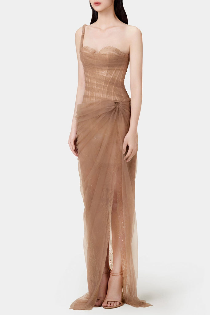 Stylish brown dress | Inina Lace Corset One Shoulder Midi Dress - Brown - Ideal for special occasions