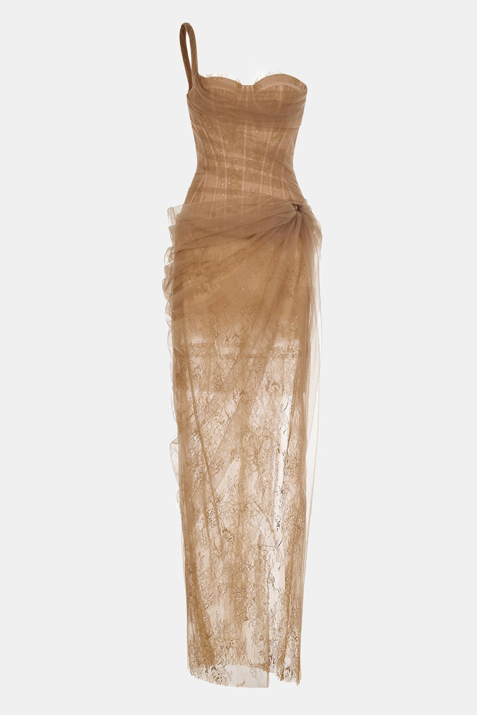 Stylish brown dress | Inina Lace Corset One Shoulder Midi Dress - Brown - Ideal for special occasions