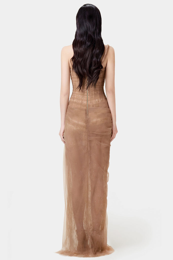 Inina Lace Corset One Shoulder Midi Dress - Brown - Stylish brown dress for special occasions | Buy Online