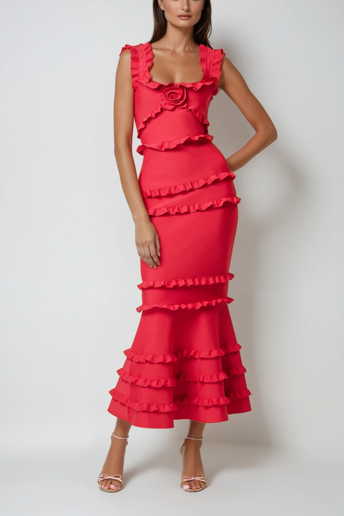 Stylish red dress | Bartholomaios Ruffle Flower Maxi Dress In Red - Ideal for special occasions