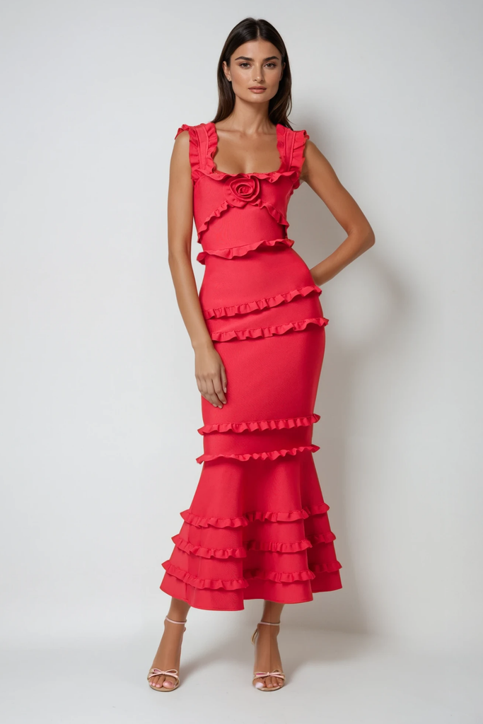 Stylish red dress | Bartholomaios Ruffle Flower Maxi Dress In Red - Ideal for special occasions