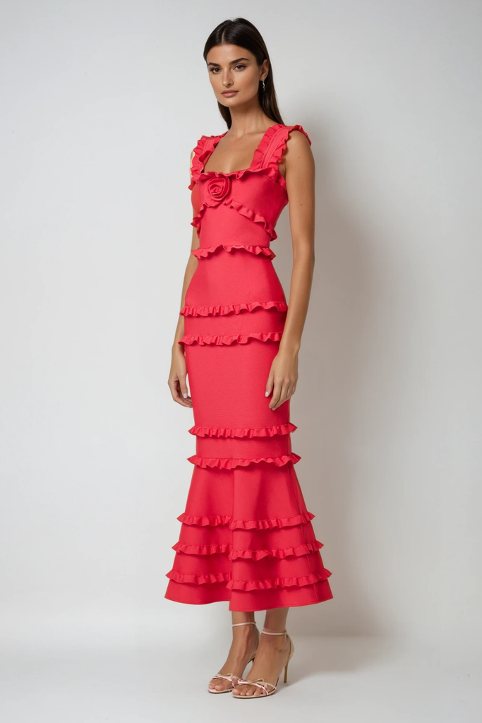 Stylish red dress | Bartholomaios Ruffle Flower Maxi Dress In Red - Ideal for special occasions
