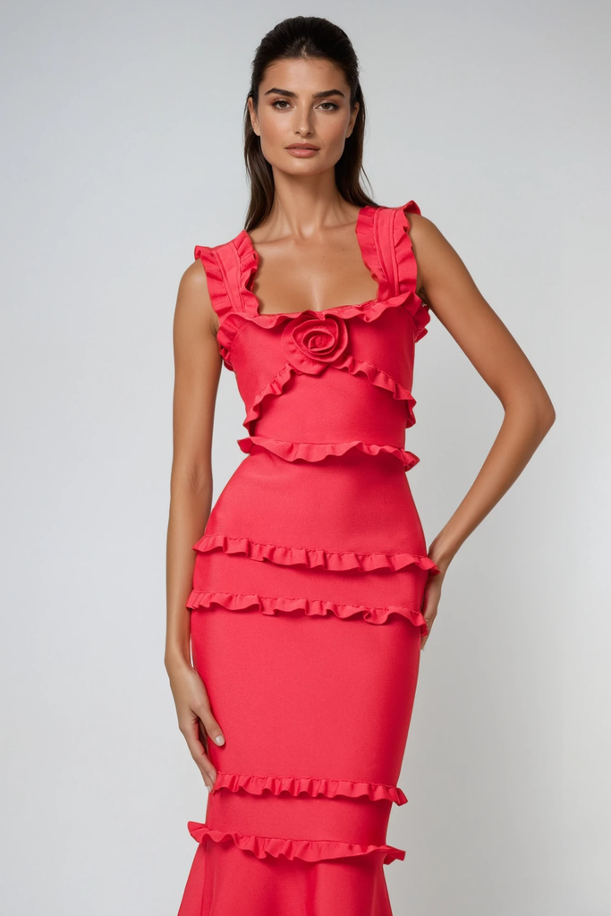 Bartholomaios Ruffle Flower Maxi Dress In Red - Stylish red dress for special occasions | Buy Online