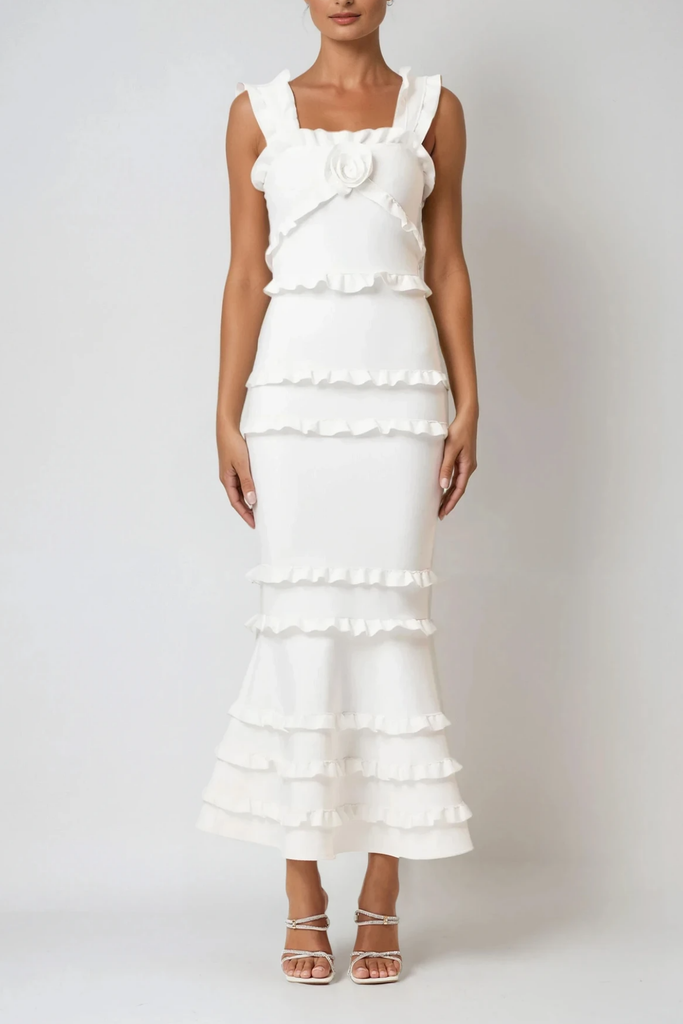 Stylish white dress | Bartholomaios Ruffle Flower Maxi Dress In White - Ideal for special occasions