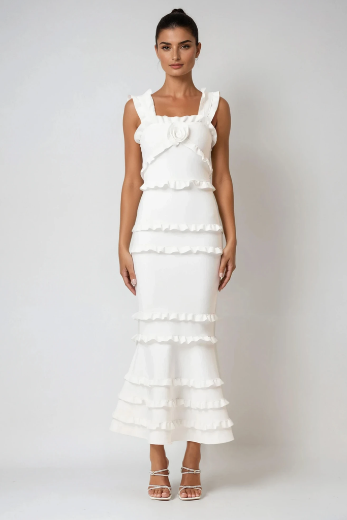 Bartholomaios Ruffle Flower Maxi Dress In White - Stylish white dress for special occasions | Buy Online