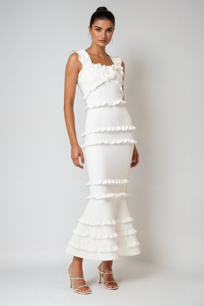 Shop  white dress - Perfect for special occasions | Bartholomaios Ruffle Flower Maxi Dress In White