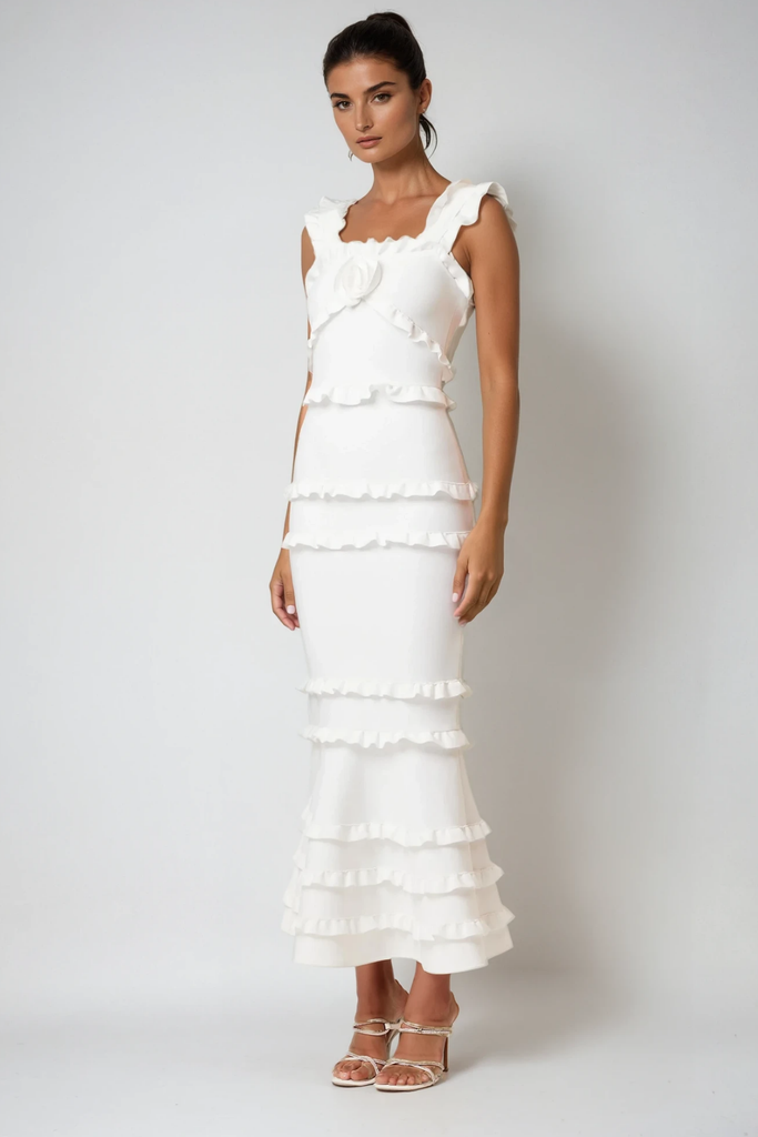 Bartholomaios Ruffle Flower Maxi Dress In White - Stylish white dress for special occasions | Buy Online