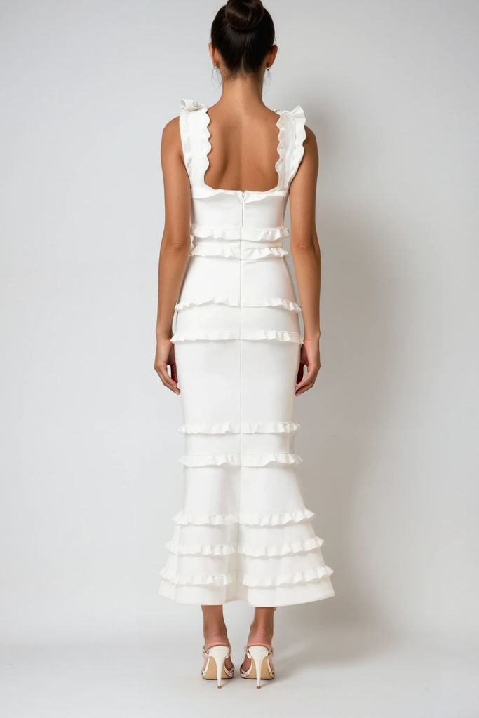 Stylish white dress | Bartholomaios Ruffle Flower Maxi Dress In White - Ideal for special occasions