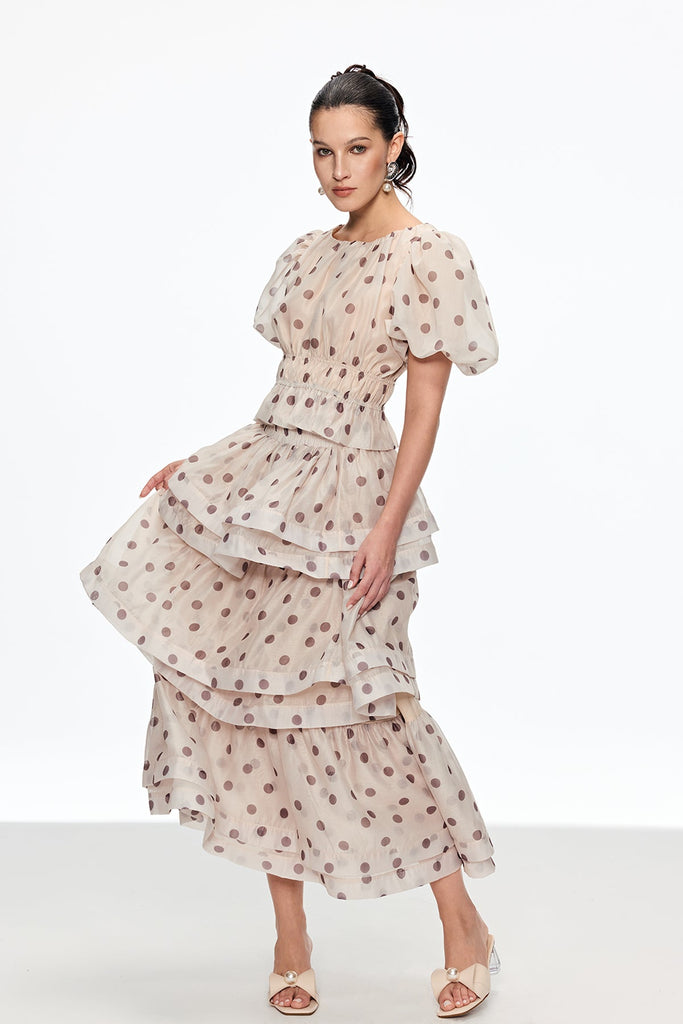 Bartholomei Balloon Sleeve Dot Ruffle Skirt Set - Stylish beautiful dress for special occasions | Buy Online