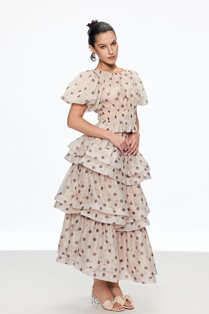 Stylish beautiful dress | Bartholomei Balloon Sleeve Dot Ruffle Skirt Set - Ideal for special occasions