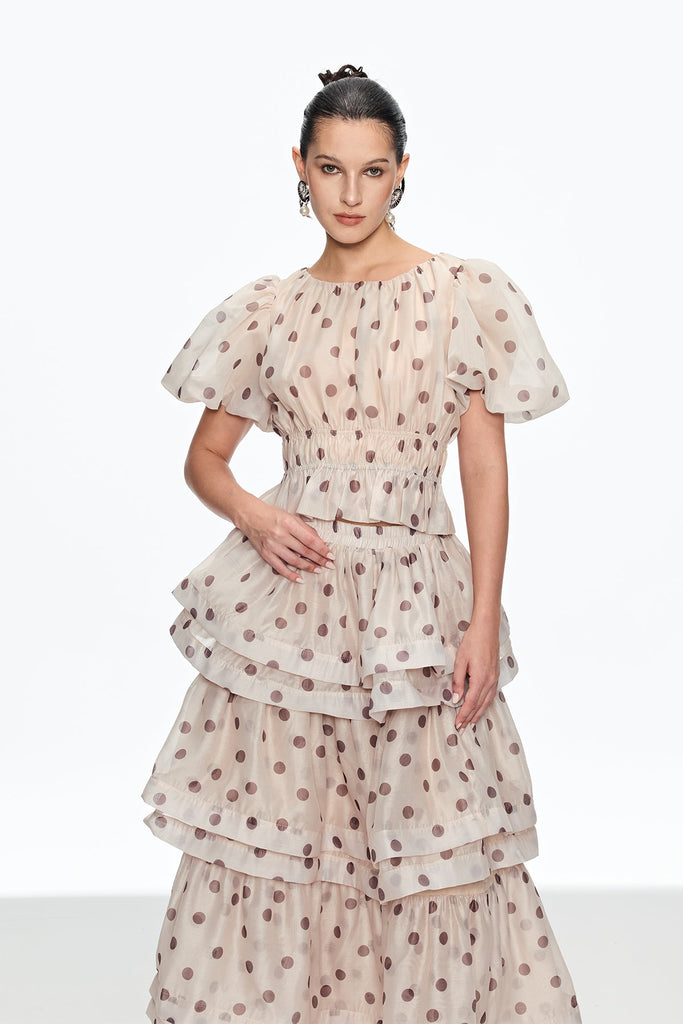 Stylish beautiful dress | Bartholomei Balloon Sleeve Dot Ruffle Skirt Set - Ideal for special occasions