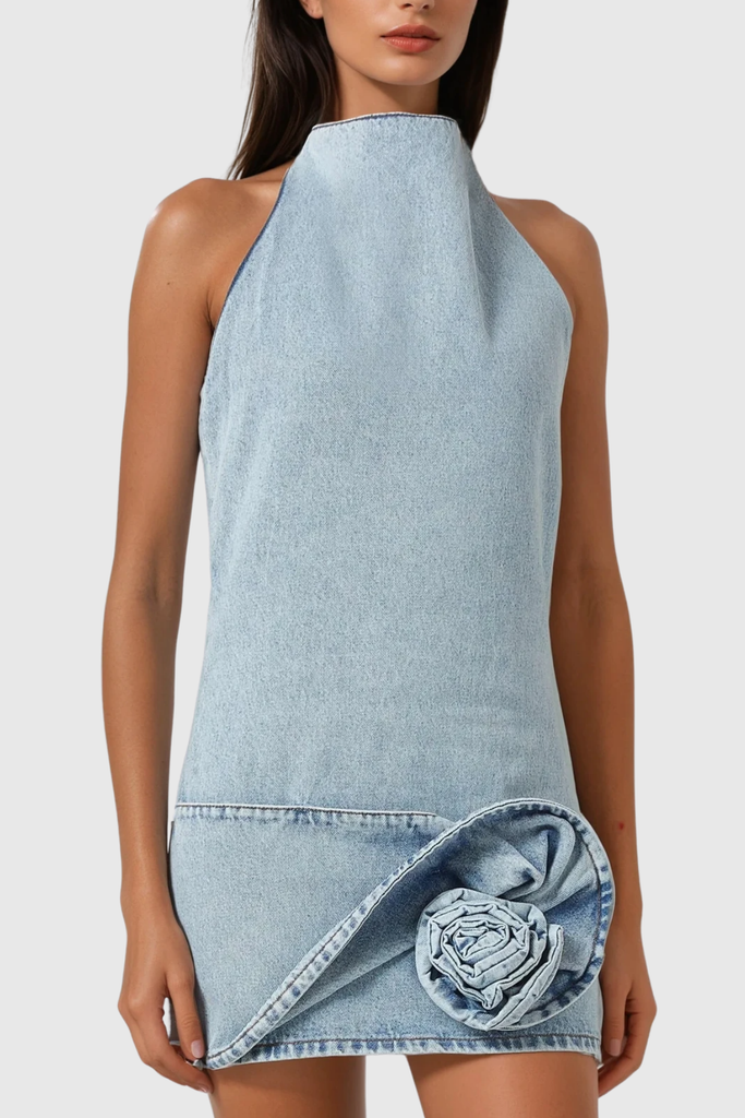 Bartolomej Flower Backless Denim Mini Dress - Stylish beautiful dress for special occasions | Buy Online