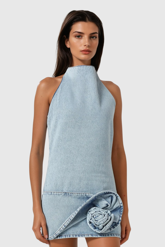 Bartolomej Flower Backless Denim Mini Dress - Stylish beautiful dress for special occasions | Buy Online