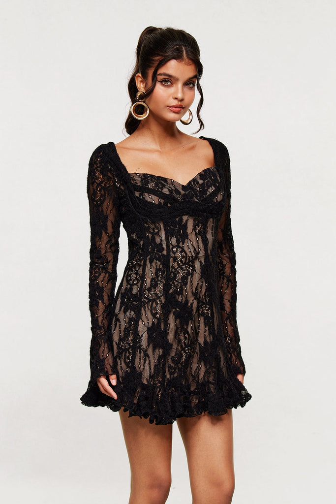 Shop  black dress - Perfect for special occasions | Bartosz Lace Ruffle Mini Dress In Black