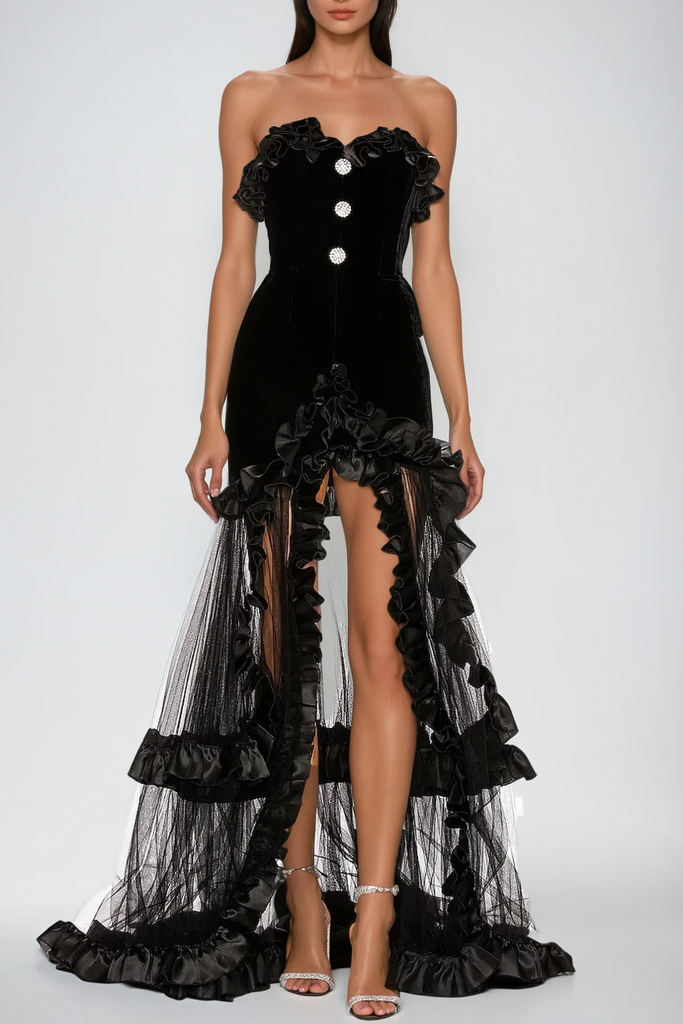 Stylish beautiful dress | Barukh Ruffle Strapless Mesh Maxi Dress - Ideal for special occasions