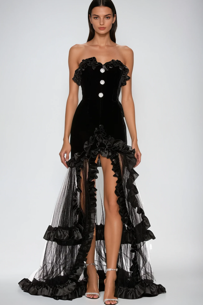 Shop  beautiful dress - Perfect for special occasions | Barukh Ruffle Strapless Mesh Maxi Dress