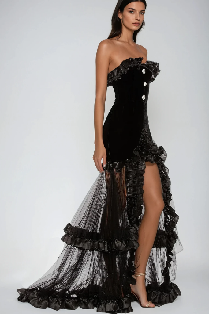 Shop  beautiful dress - Perfect for special occasions | Barukh Ruffle Strapless Mesh Maxi Dress