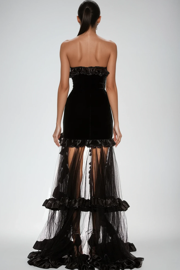 Stylish beautiful dress | Barukh Ruffle Strapless Mesh Maxi Dress - Ideal for special occasions