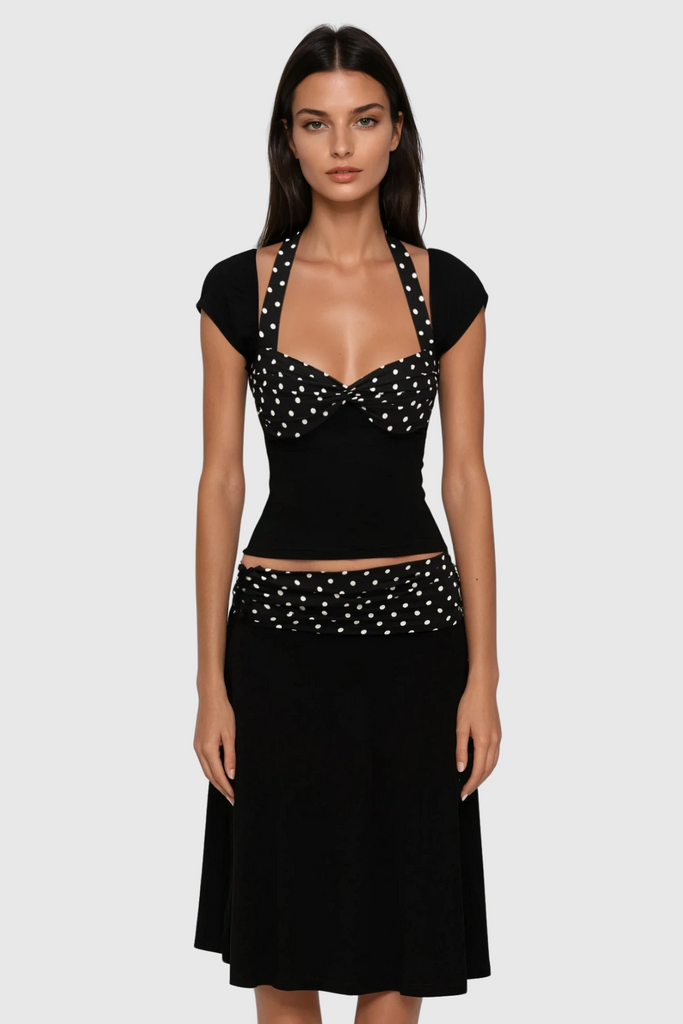 Bastet Dot Halter Neck Ruffle Skirt Set - Stylish beautiful dress for special occasions | Buy Online