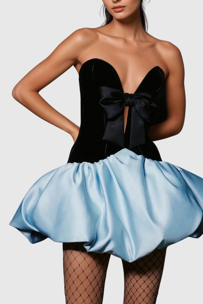 Stylish beautiful dress | Bastian Strapless  Bow Satin Puffy Mini Dress - Ideal for special occasions