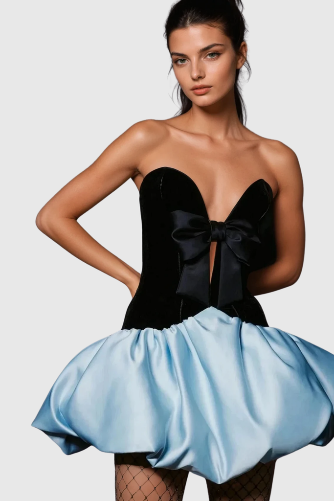 Stylish beautiful dress | Bastian Strapless  Bow Satin Puffy Mini Dress - Ideal for special occasions