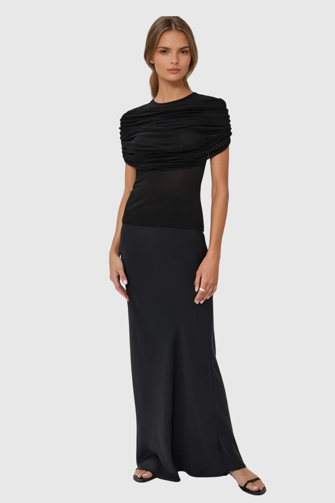 Stylish black dress | Batel Mesh Ruch T Shirt In Black - Ideal for special occasions