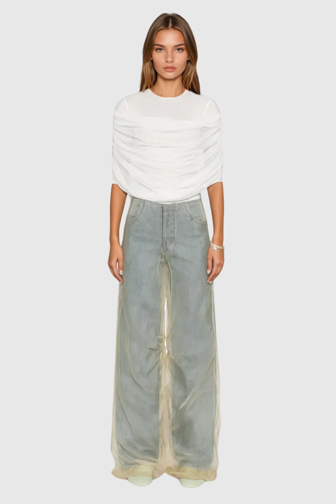 Stylish white dress | Batel Mesh Ruch T Shirt In White - Ideal for special occasions