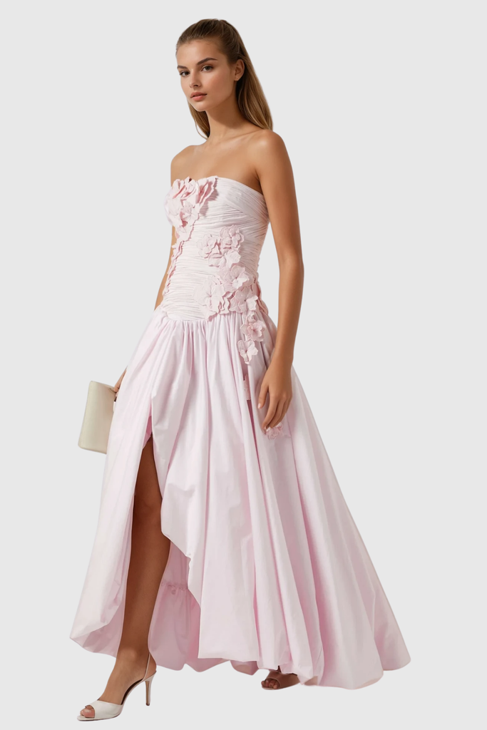 Batsheva Strapless Flower Ruch Puffy Maxi Dress - Stylish beautiful dress for special occasions | Buy Online