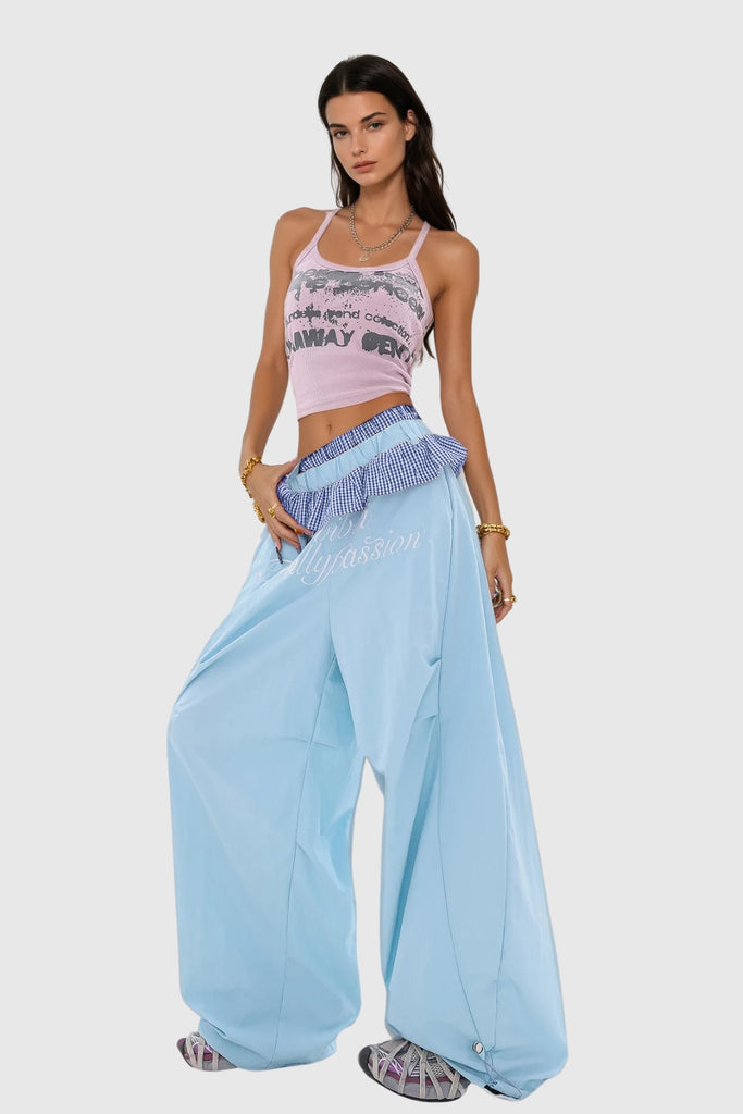 Bautista Ruffle Print Wide Leg Pants In Blue - Stylish blue dress for special occasions | Buy Online