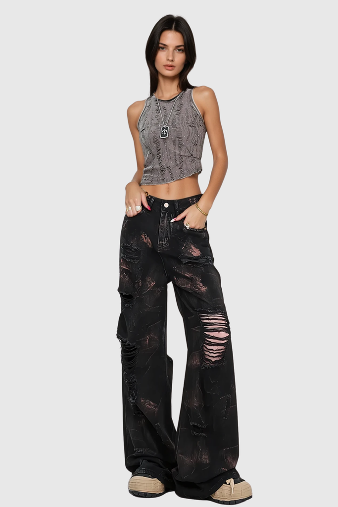 Baxtiyor Ripped Print Wide Leg Jeans - Stylish beautiful dress for special occasions | Buy Online