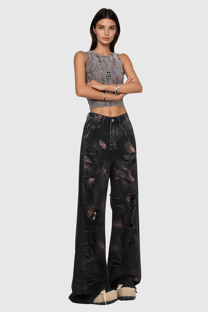 Baxtiyor Ripped Print Wide Leg Jeans - Stylish beautiful dress for special occasions | Buy Online
