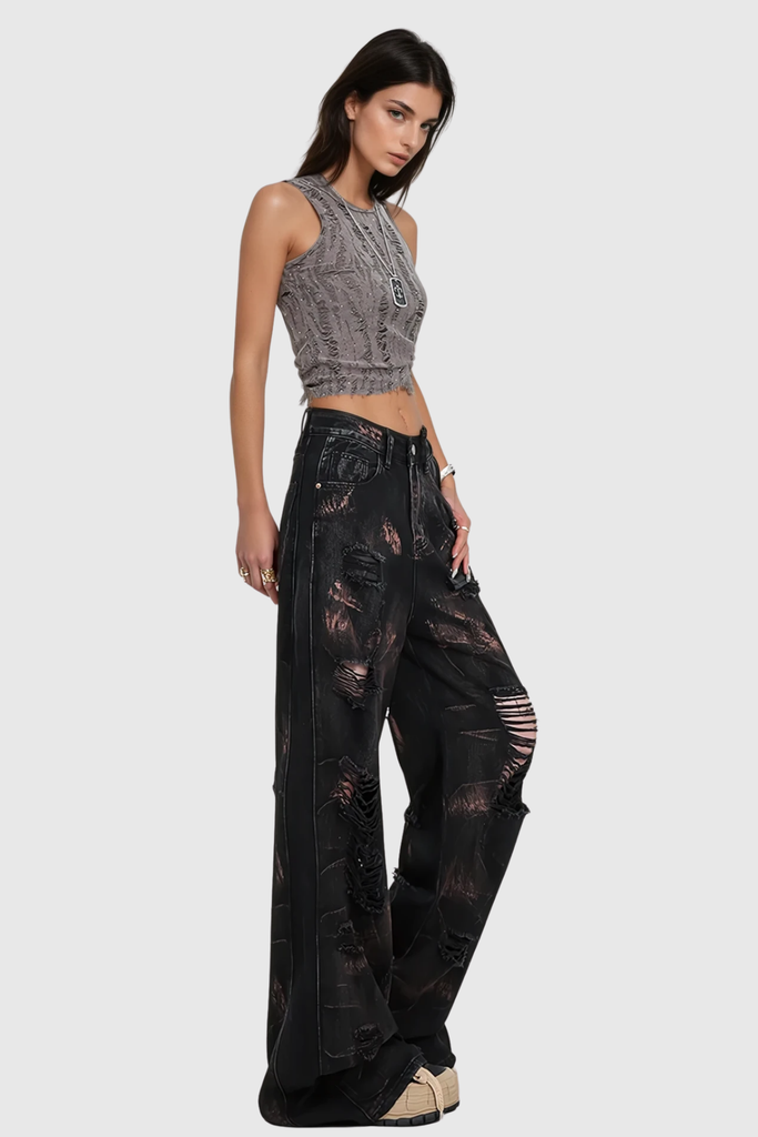 Stylish beautiful dress | Baxtiyor Ripped Print Wide Leg Jeans - Ideal for special occasions