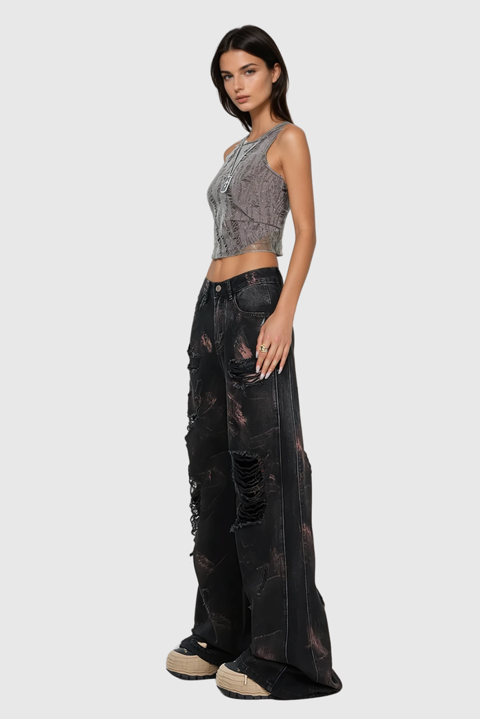 Stylish beautiful dress | Baxtiyor Ripped Print Wide Leg Jeans - Ideal for special occasions