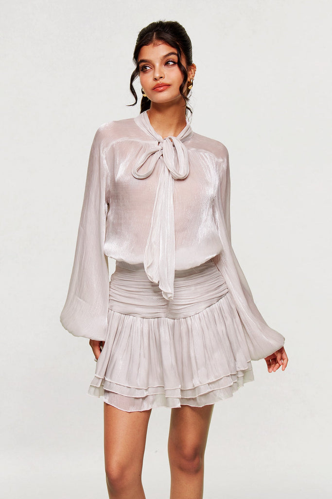 Bayleigh Lace Up Ruch Mesh Skirt Set In Sliver - Stylish beautiful dress for special occasions | Buy Online