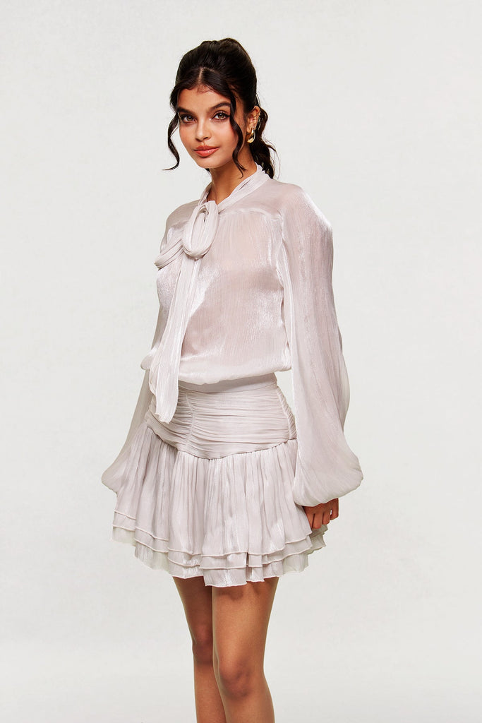 Shop  beautiful dress - Perfect for special occasions | Bayleigh Lace Up Ruch Mesh Skirt Set In Sliver