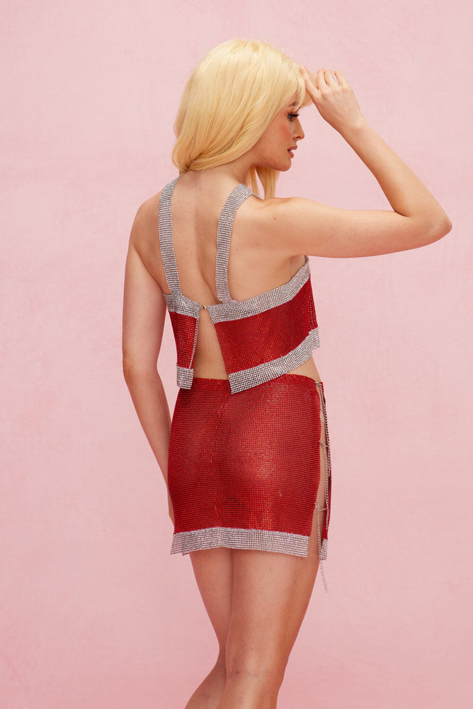 Stylish red dress | Baylor Rhinestone Cutout Skirt Set In Red - Ideal for special occasions