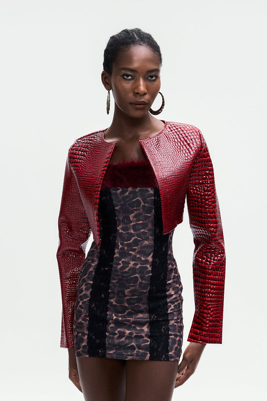 Beacher Crocodile Pattern Crop Leather Jacket