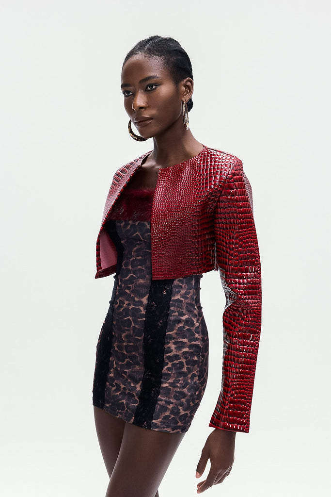 Beacher Crocodile Pattern Crop Leather Jacket - Stylish beautiful dress for special occasions | Buy Online