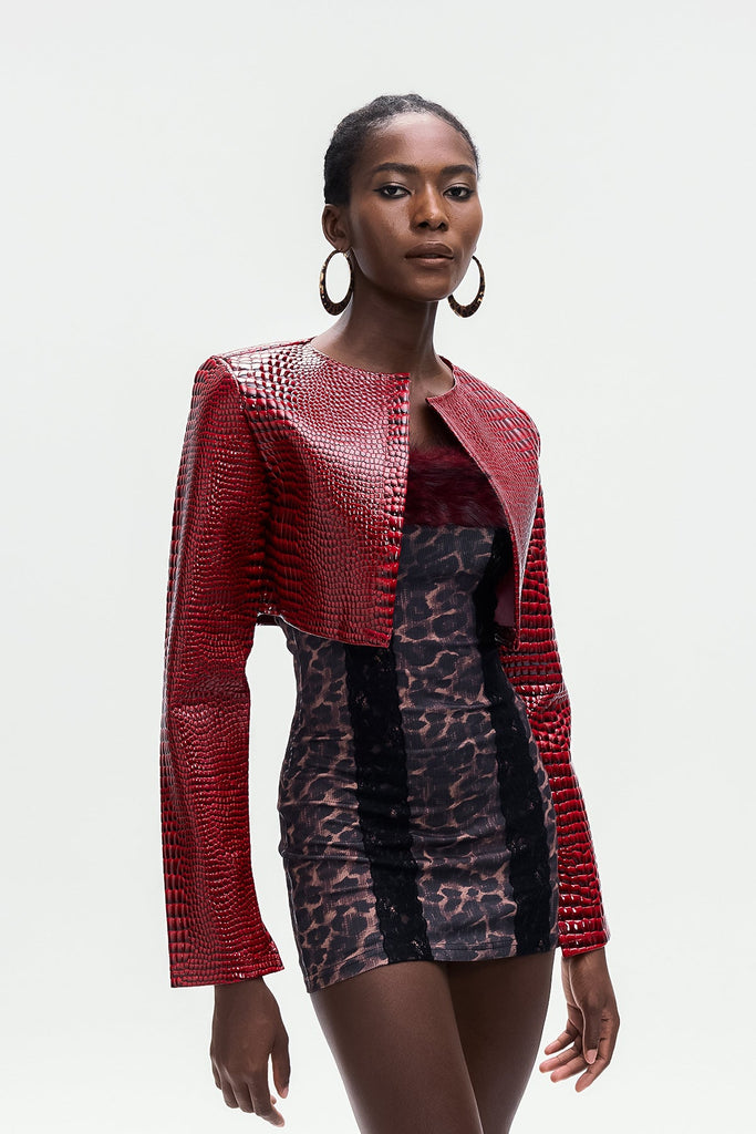 Shop  beautiful dress - Perfect for special occasions | Beacher Crocodile Pattern Crop Leather Jacket