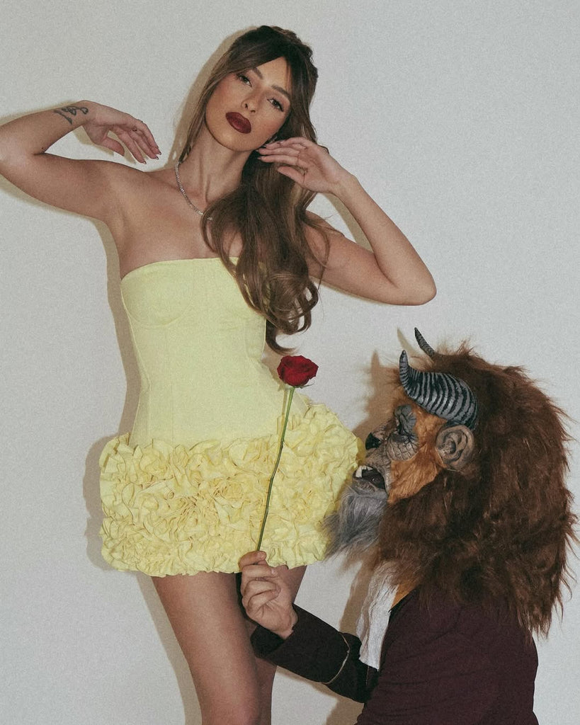 Shop  yellow mini - Perfect for special occasions | samantha flower embellished mini skirt corset set in yellow