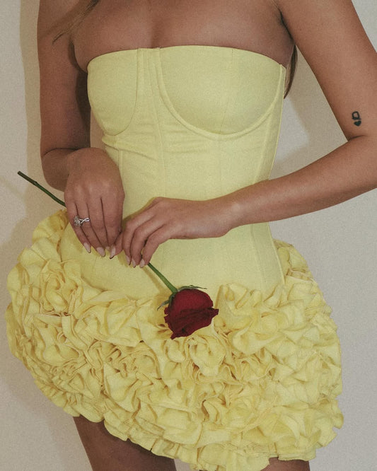 samantha flower embellished mini skirt corset set in yellow
