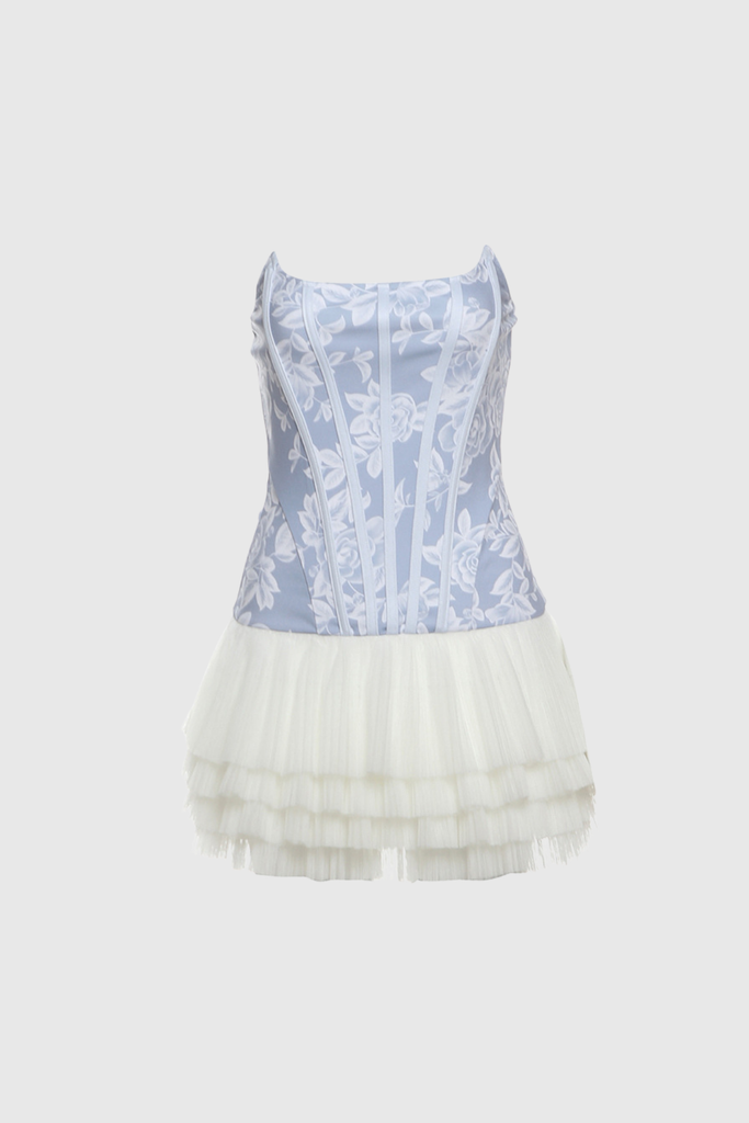 Shop  blue dress - Perfect for special occasions | Beda Strapless Floral Mesh Ruch Mini Dress In Blue