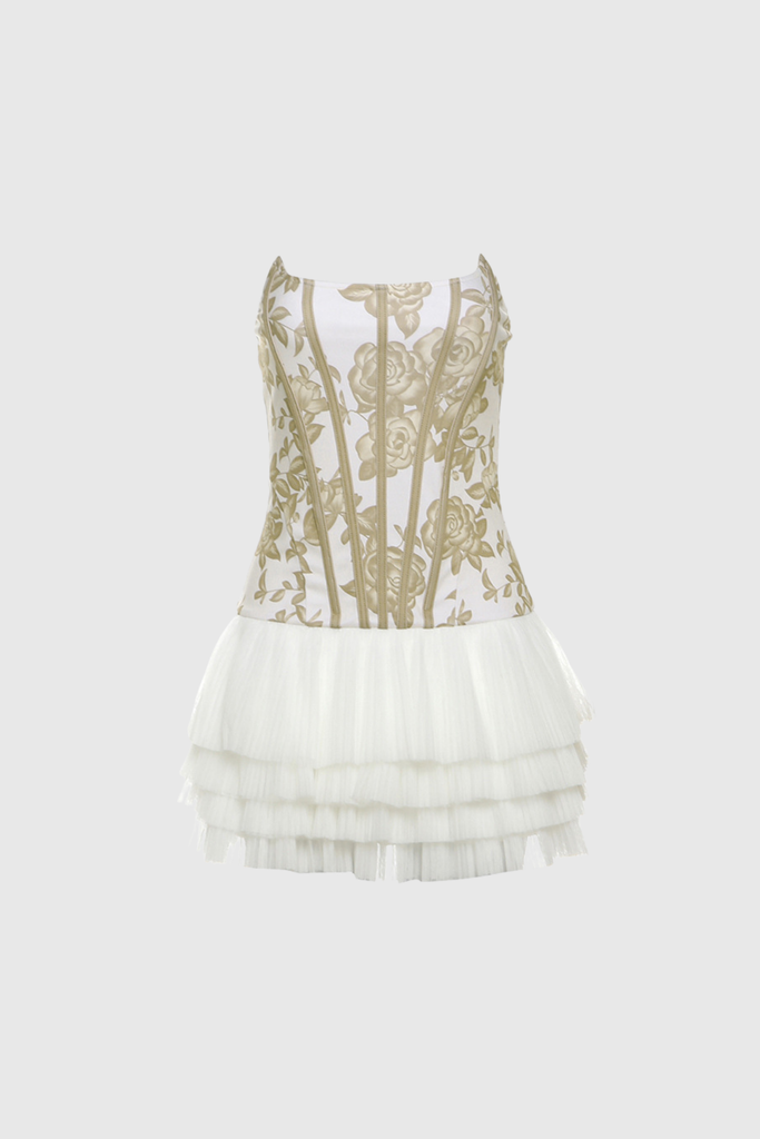 Beda Strapless Floral Mesh Ruch Mini Dress In Yellow - Stylish yellow dress for special occasions | Buy Online