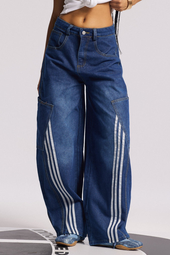 Bee Stripe Pocket Wide Jeans - Stylish beautiful dress for special occasions | Buy Online