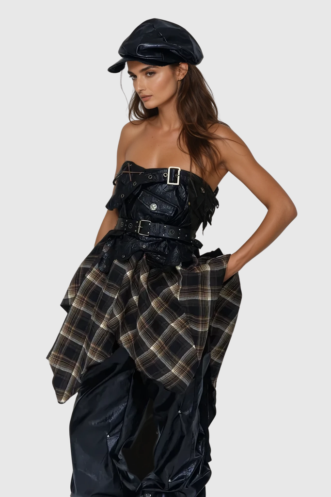 Stylish beautiful dress | Beena Grid Asymmetric Buckle Lace Up Skirt - Ideal for special occasions