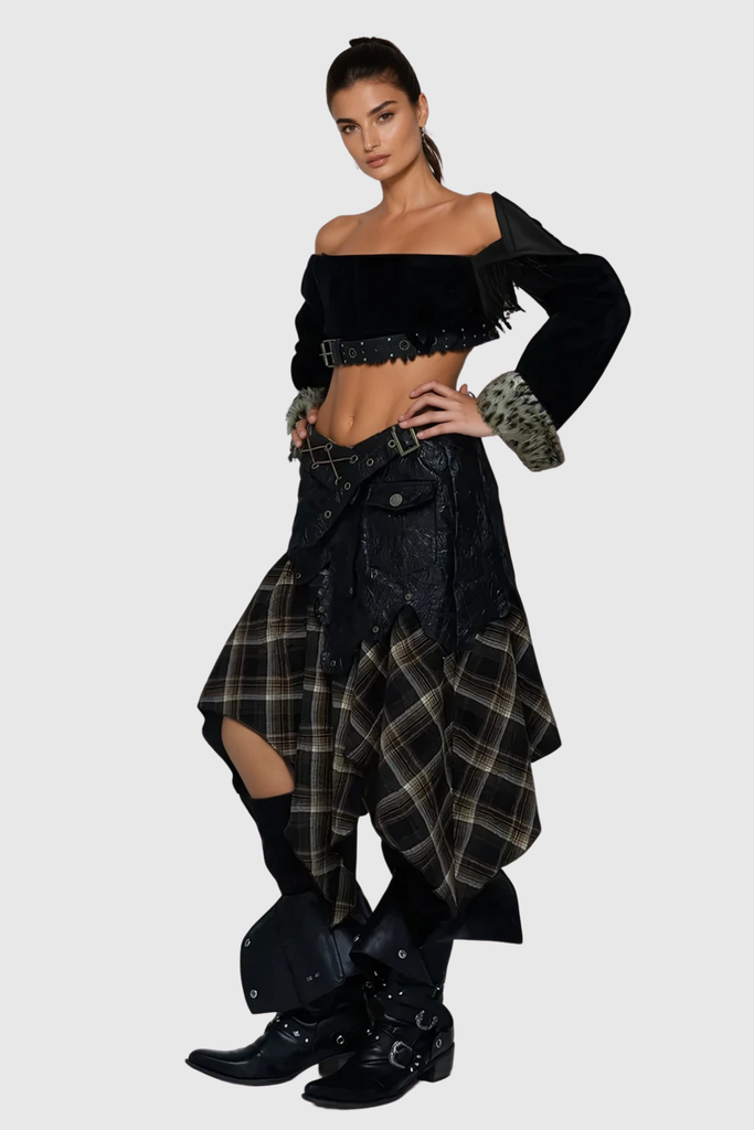 Stylish beautiful dress | Beena Grid Asymmetric Buckle Lace Up Skirt - Ideal for special occasions