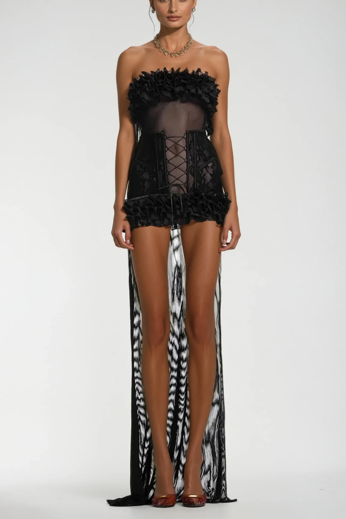 Begum Mesh Ruffle Lace Up Asymmetric Mini Dress - Stylish beautiful dress for special occasions | Buy Online