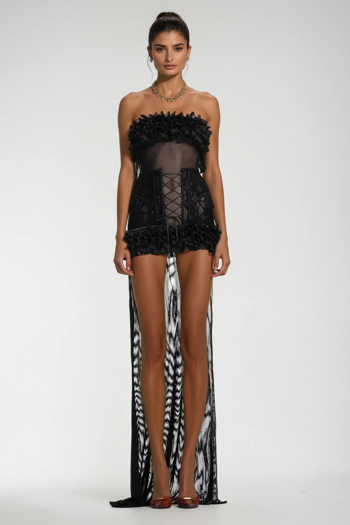 Shop  beautiful dress - Perfect for special occasions | Begum Mesh Ruffle Lace Up Asymmetric Mini Dress