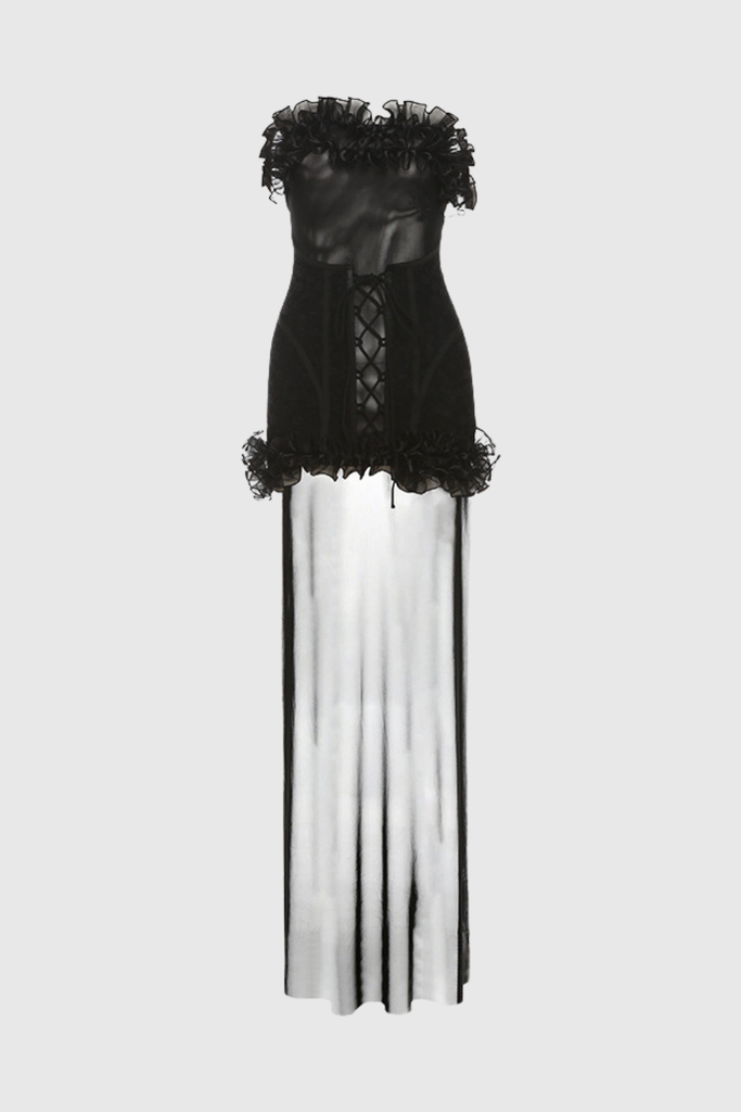 Shop  beautiful dress - Perfect for special occasions | Begum Mesh Ruffle Lace Up Asymmetric Mini Dress