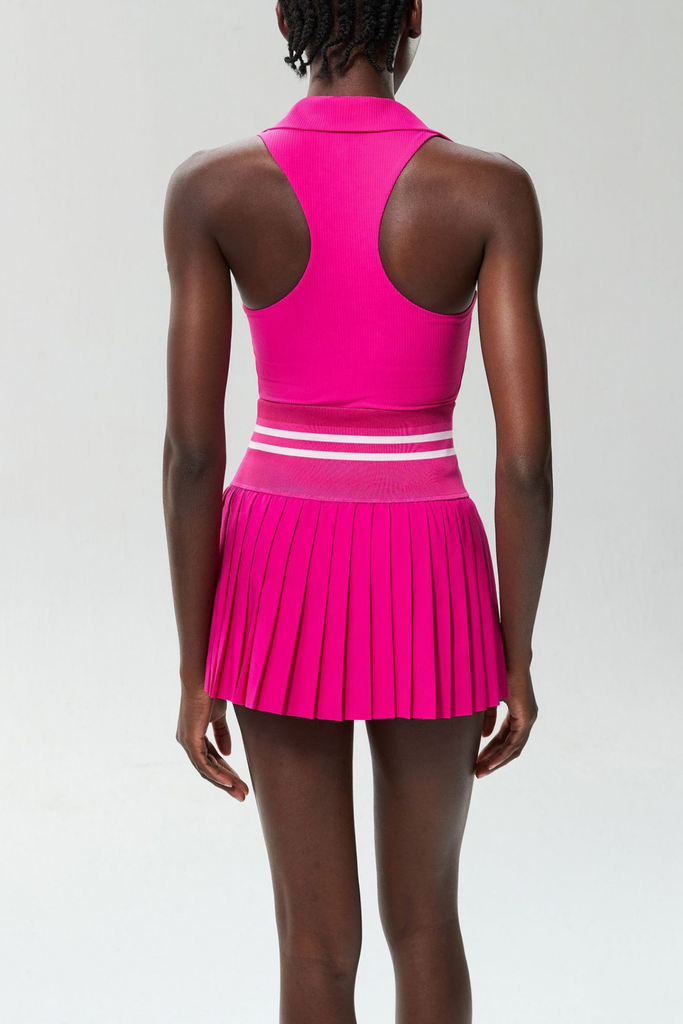 Shop  pink dress - Perfect for special occasions | Beil Lapel Sleeveless Ruch Stripe Skirt Set In Hot Pink